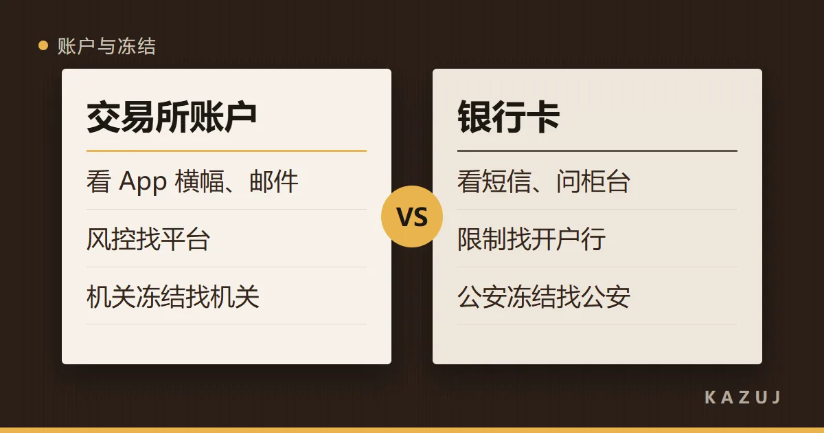 左右对照：交易所账户和银行卡，各从哪里看提示、各找谁