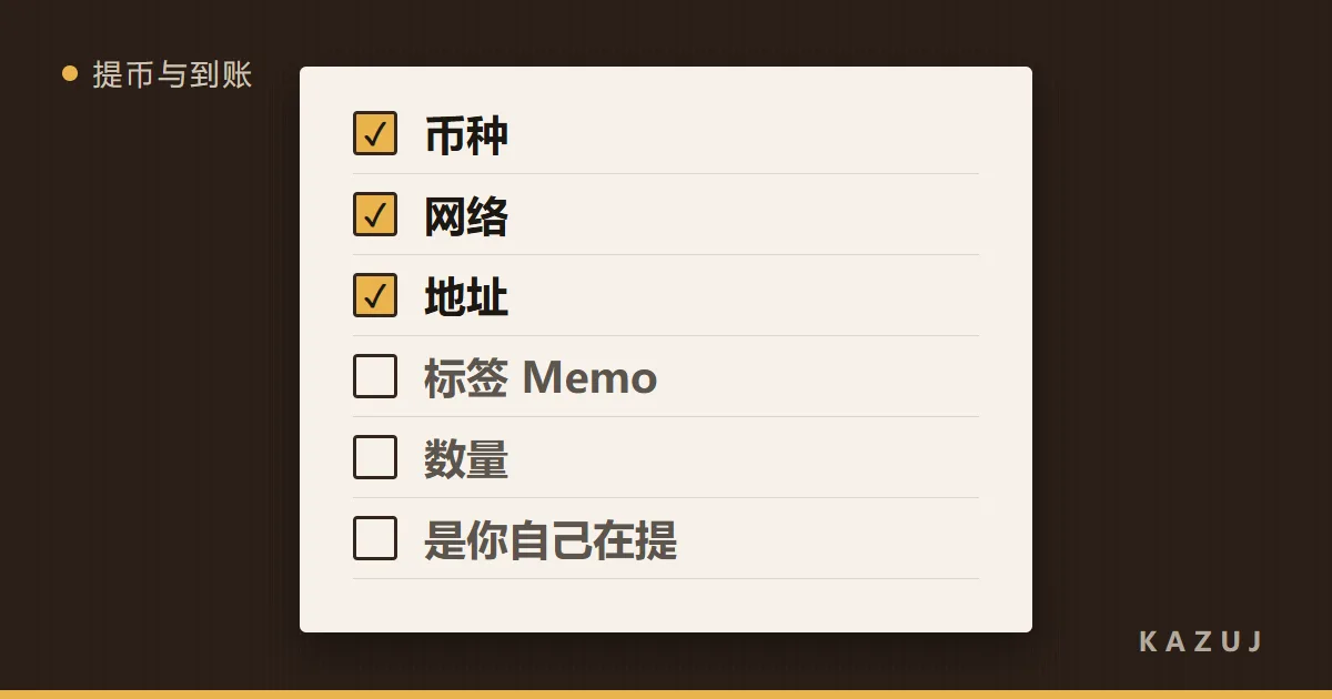 提币前的核对清单:币种、网络、地址、标签、数量、是你自己在提